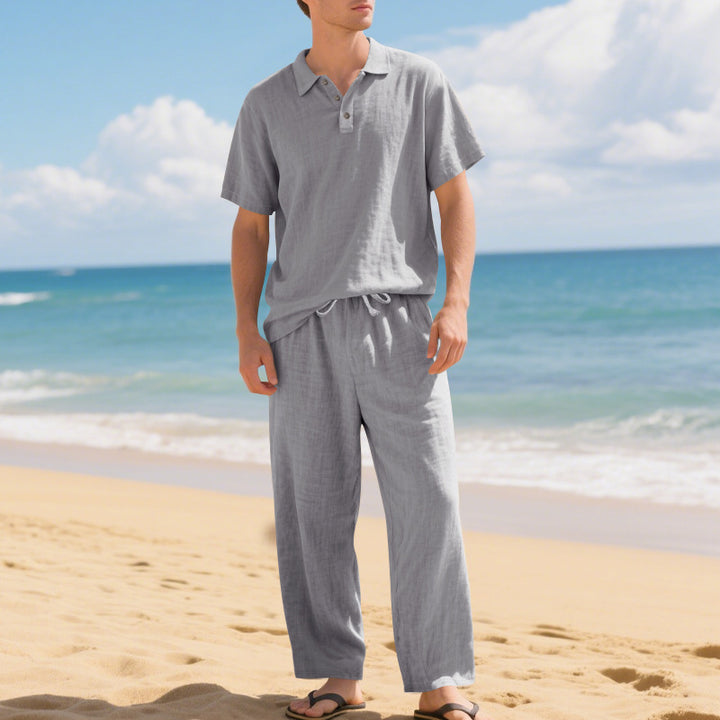 Tenue d'été décontractée pour hommes avec polo en coton de haute qualité à manches courtes et pantalons en lin confortables Lune London