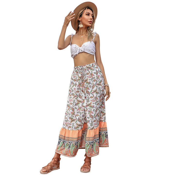 Fluid maxi skirt for women with paisley print and ruffled hem Lune London