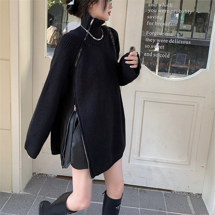 Sweater oversized à col roulé pour femmes avec fermeture éclair latérale et design côtelé Chic & Stil