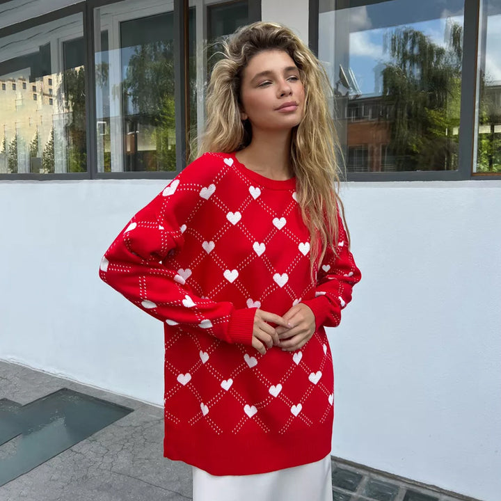 Ladies Knit Sweater with Heart Patterns and Casual Fit Lune London