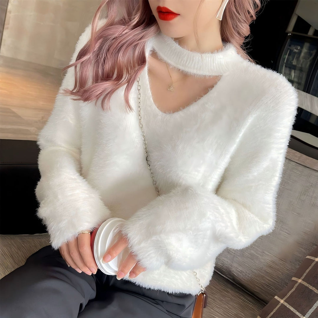 V-neck sweater with high collar for women soft Lune London