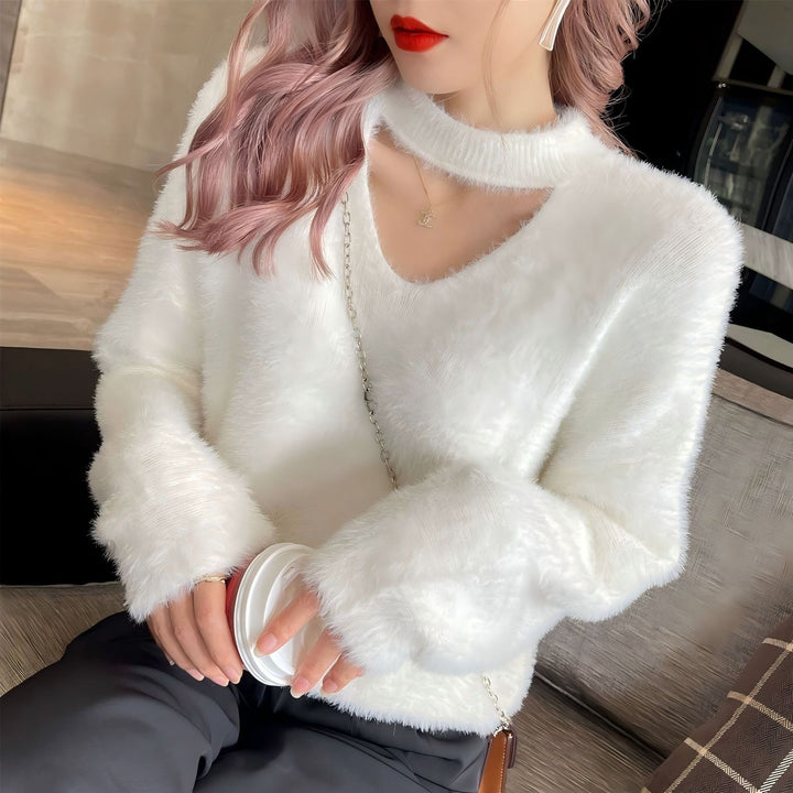 V-neck sweater with high collar for women soft Lune London