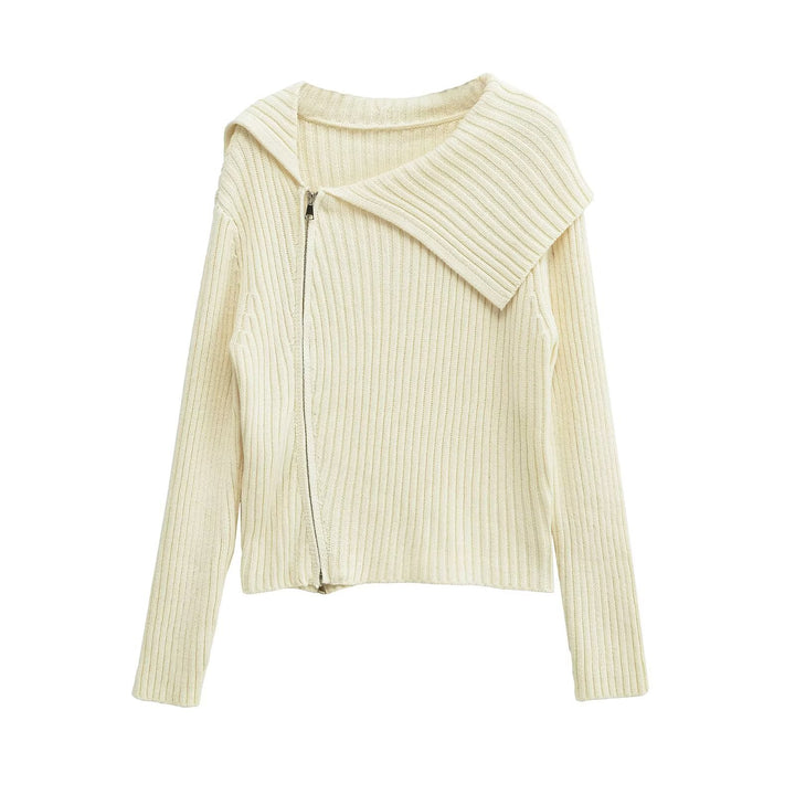 Ribbed knit jacket for women with large collar and asymmetric zipper Lune London