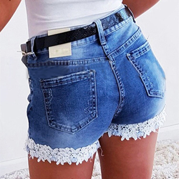 Women's denim shorts with a romantic lace hem and high waist Lune London