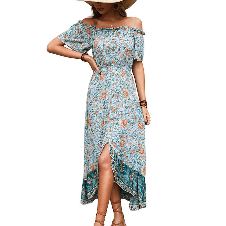 Off-shoulder floral maxi dress for women with ruffled hem Lune London