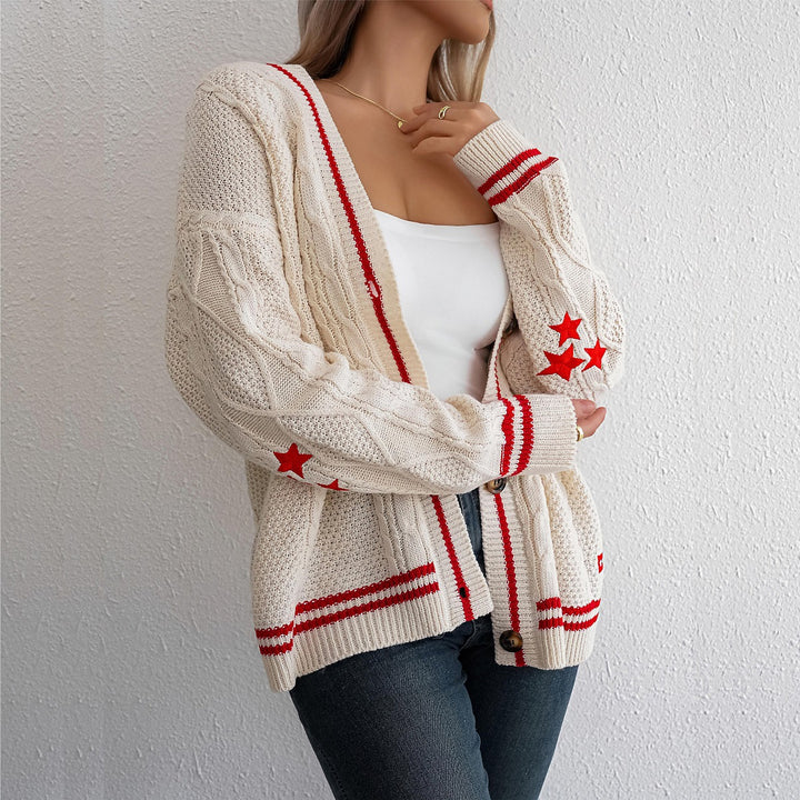 Casual knitted cardigan for women with structured cable knit pattern and decorative buttons Lune London