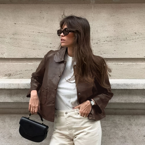 Lune London minimalist design faux leather jacket for women