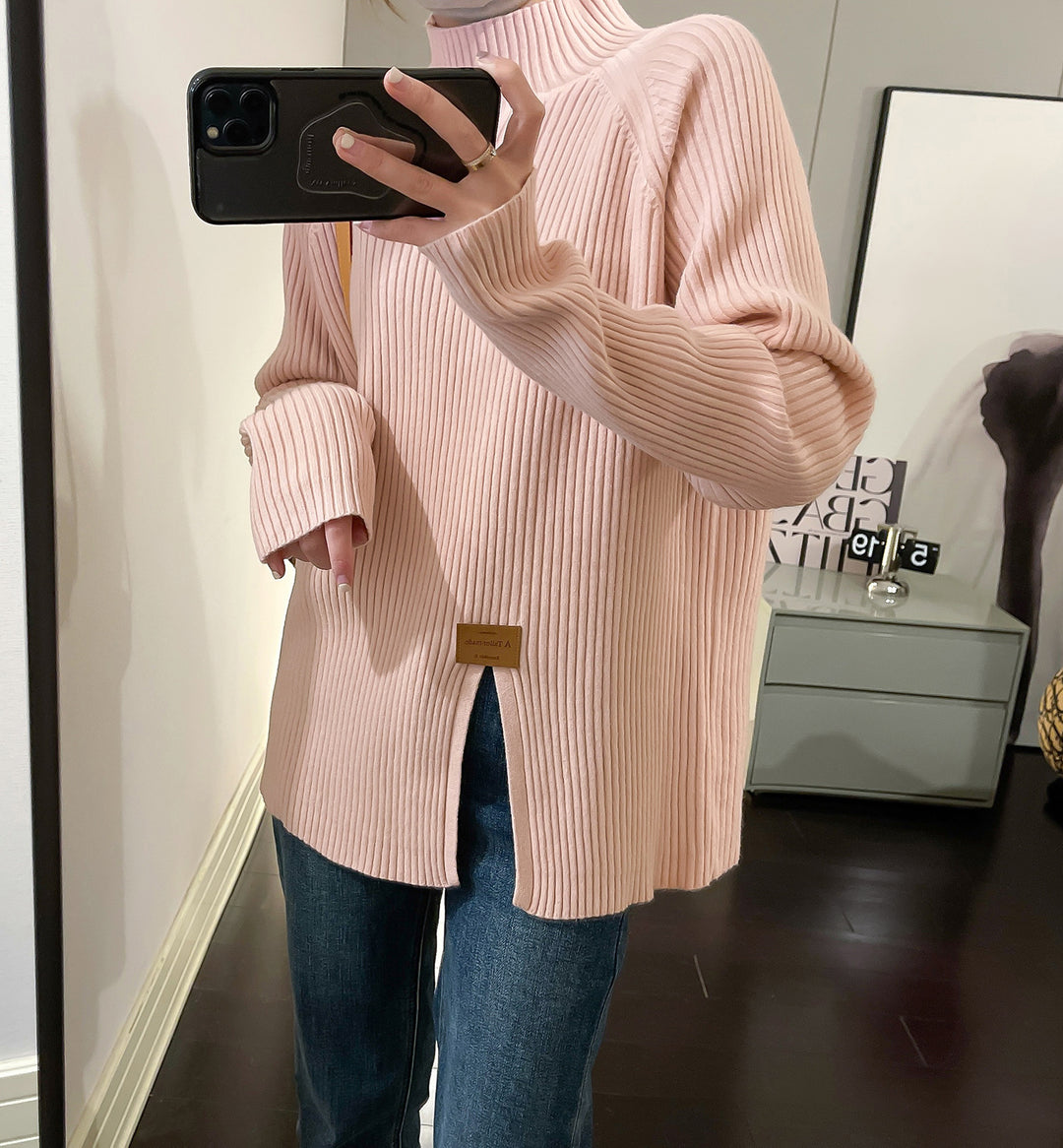 Ladies Modern Knit Sweater with High Collar and Chic Asymmetrical Cut