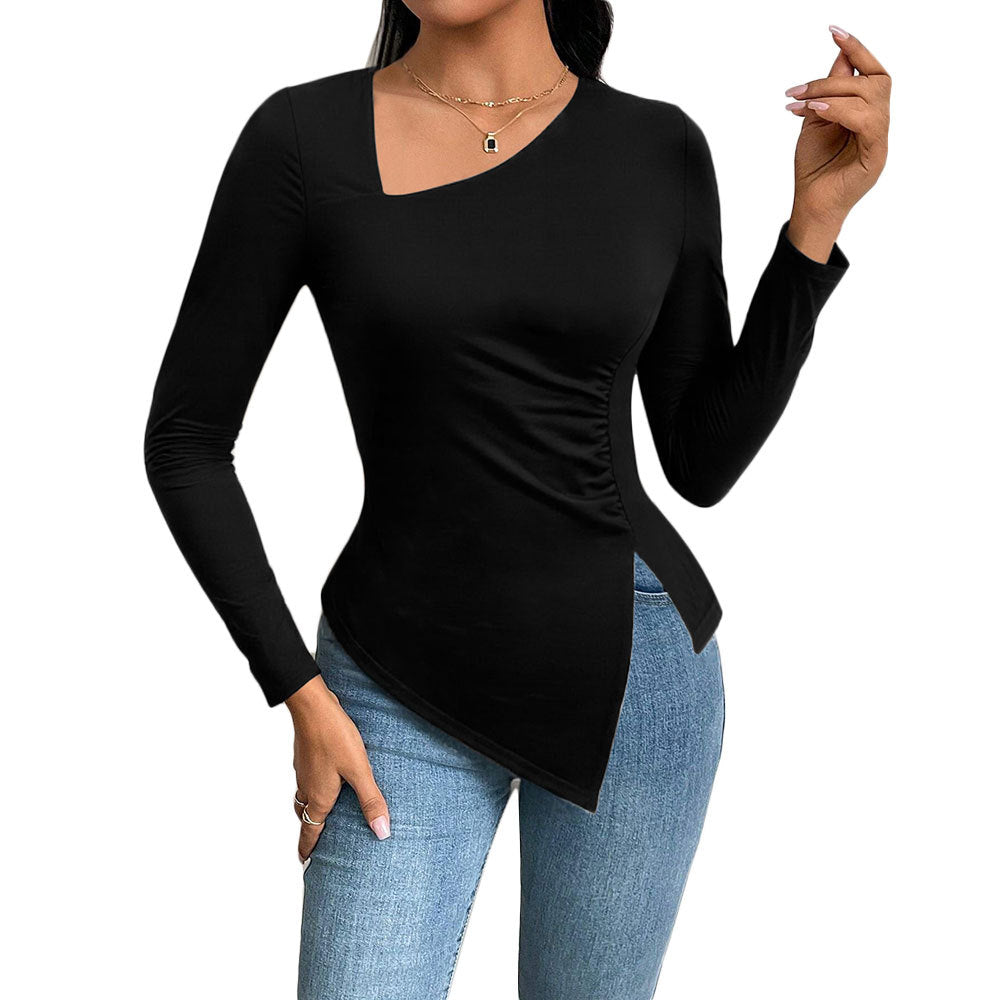 Chemise à manches longues pour femmes avec coupe asymétrique et fronces à la mode Chic & Stil