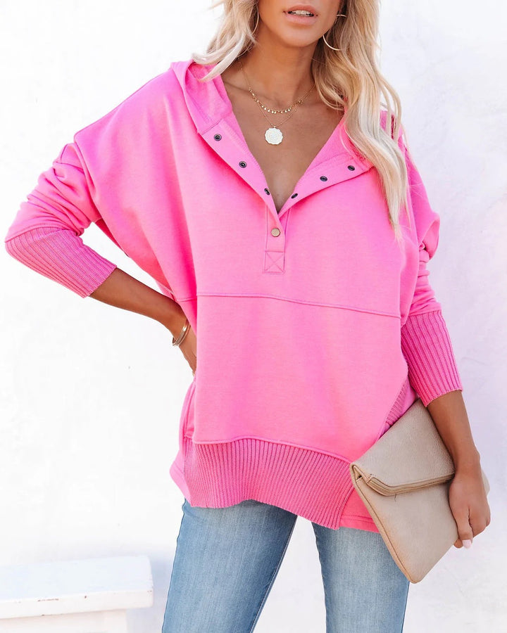 Casual sweater for women with button placket and hood Lune London