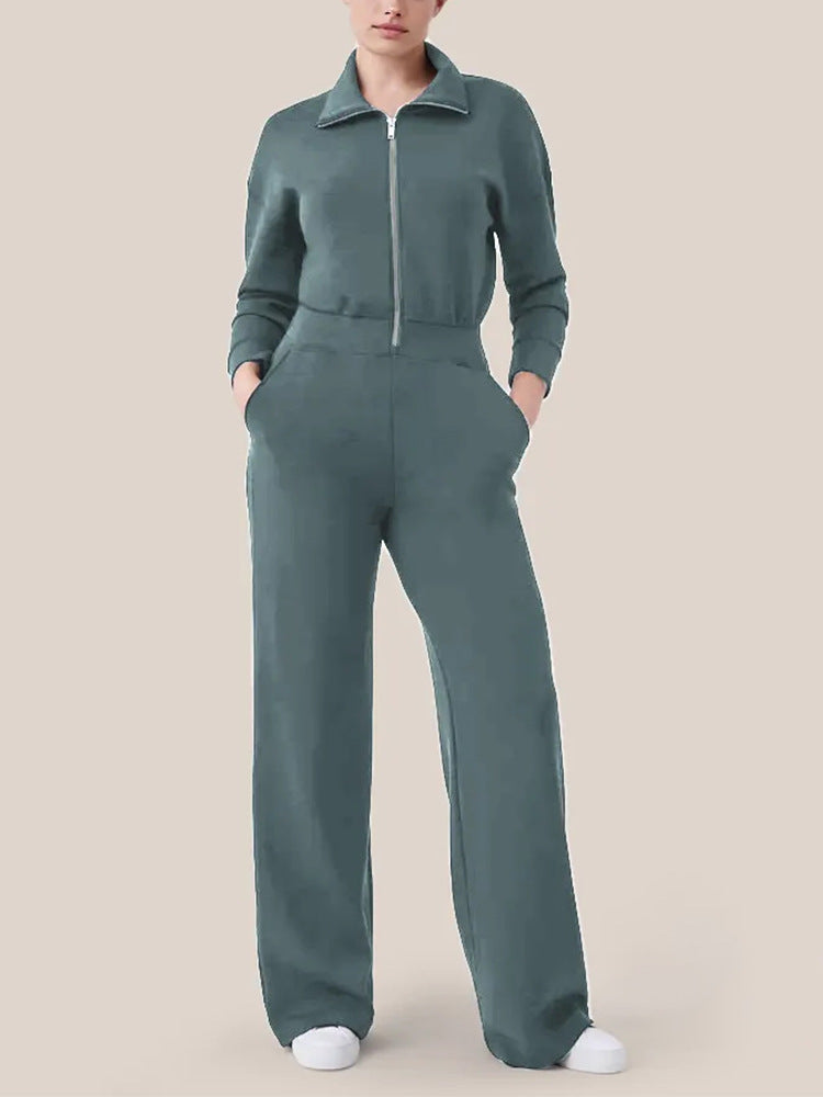 Ladies Luxurious Lounge Jumpsuit with elegant high collar and convenient zipper Lune London