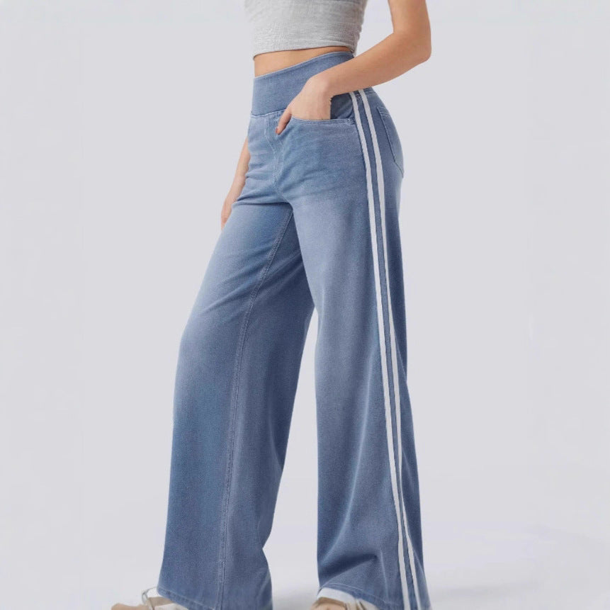 Wide denim pants for women with side stripe and high waist Lune London