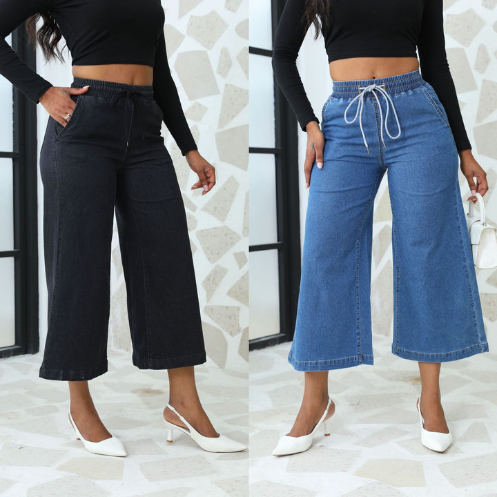 Loose denim pants for women with elastic waistband and drawstring Lune London