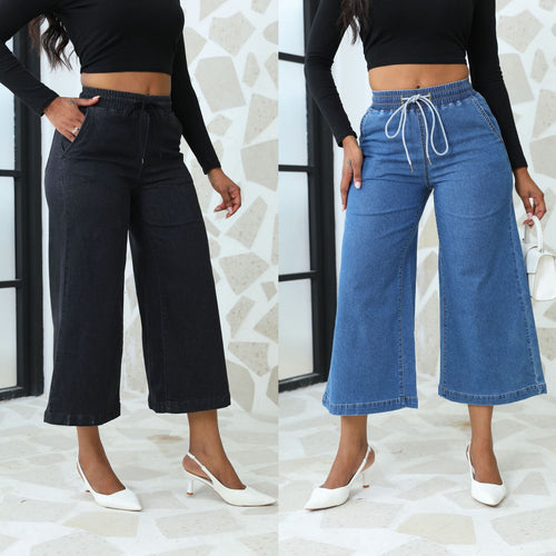 Loose denim pants for women with elastic waistband and drawstring Lune London