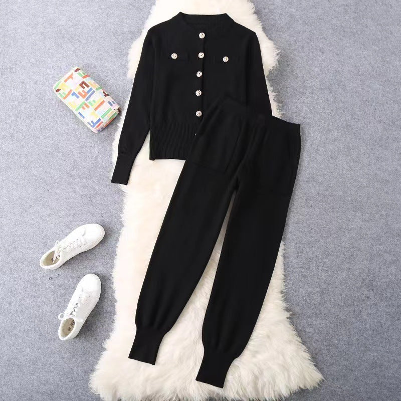 Ladies elegant knit set with chic button details and style