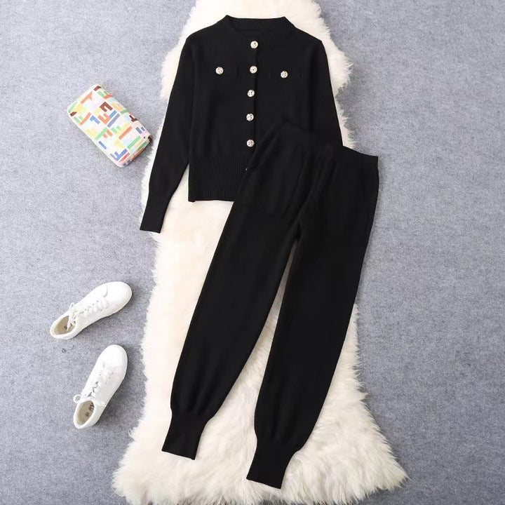 Ladies elegant knit set with chic button details and style