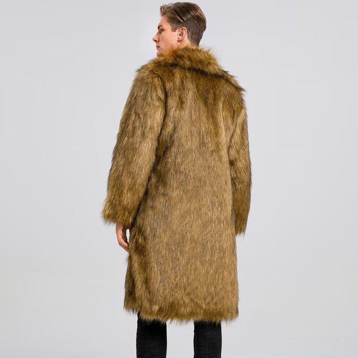 Long faux fur coat for men with high collar and luxurious inner lining Lune London
