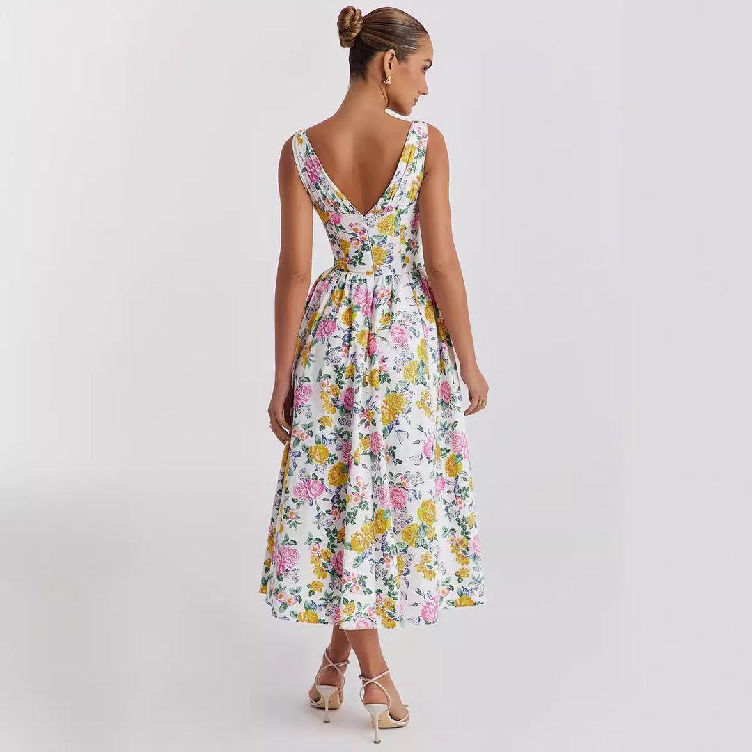 Midi dress for women with floral pattern and elegant V neck Chic & Stil