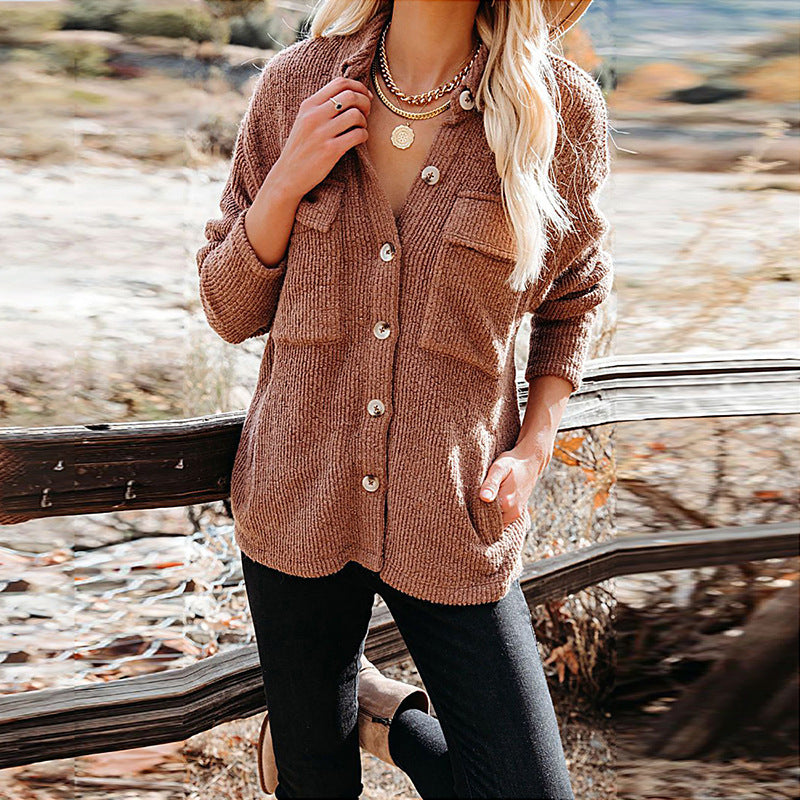 Women's Casual Knit Cardigan with Button Placket and Chest Pocket Lune London