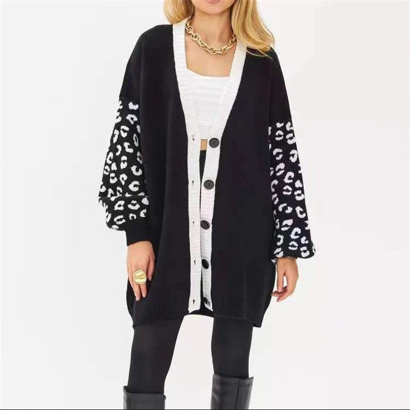 Women chunky knit cardigan with leopard pattern and button details Lune London