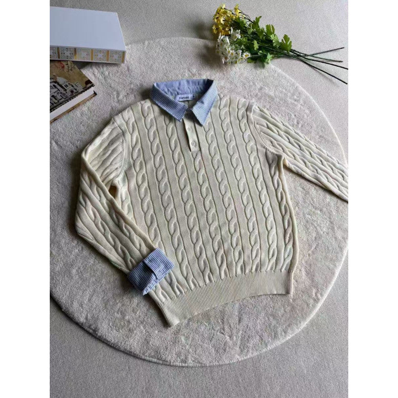 Knitted sweater for women with decorative braided pattern and high collar Lune London