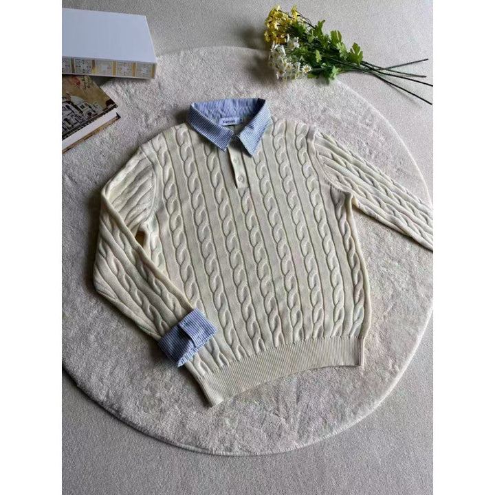 Knitted sweater for women with decorative braided pattern and high collar Lune London