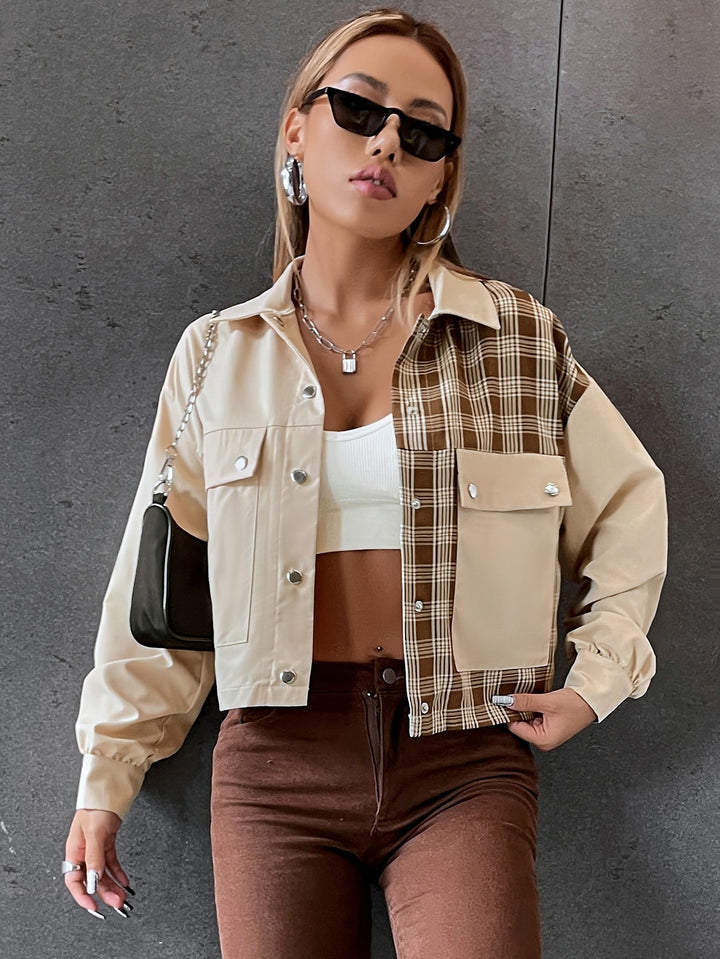Lune London women's cropped utility jacket with plaid sleeves and classic snap buttons