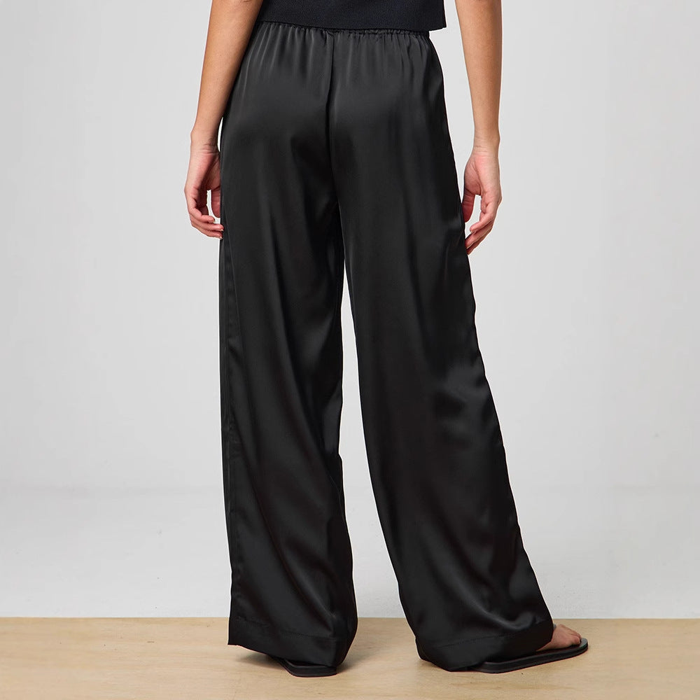 Elegant wide satin pants for women with high waist and tie belt Lune London