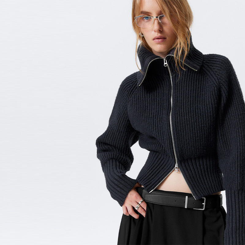 Knit jacket for women with high collar and trendy zipper Lune London