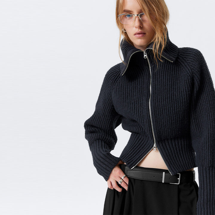 Knit jacket for women with high collar and trendy zipper Lune London