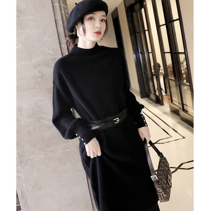 Robe en tricot pour femmes avec col montant élégant et détails de boutons à la mode Chic & Stil