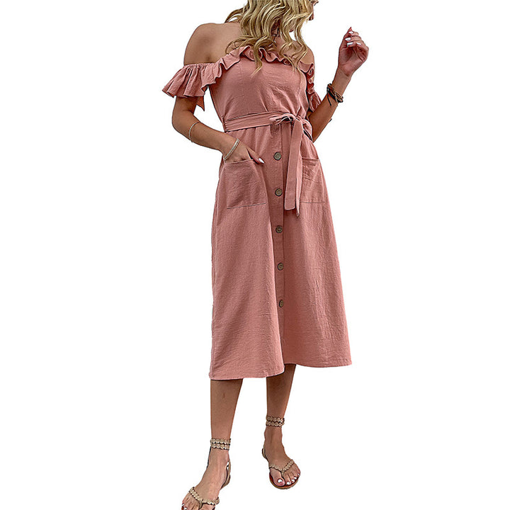 Robe midi à épaules dénudées pour femmes avec détails en volants et ceinture à nouer Chic & Stil