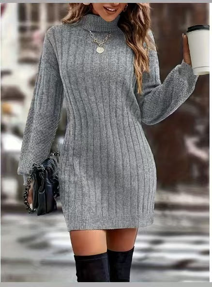 Knit dress for women with high collar and fine rib pattern Lune London