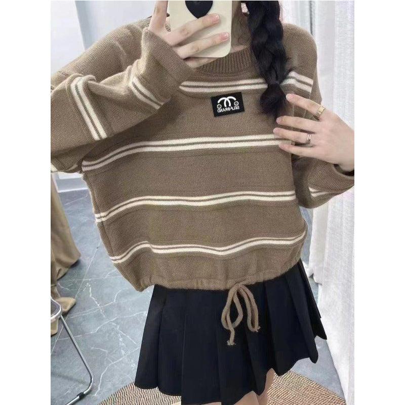 Women's striped sweater with stylish drawstring and casual oversized fit