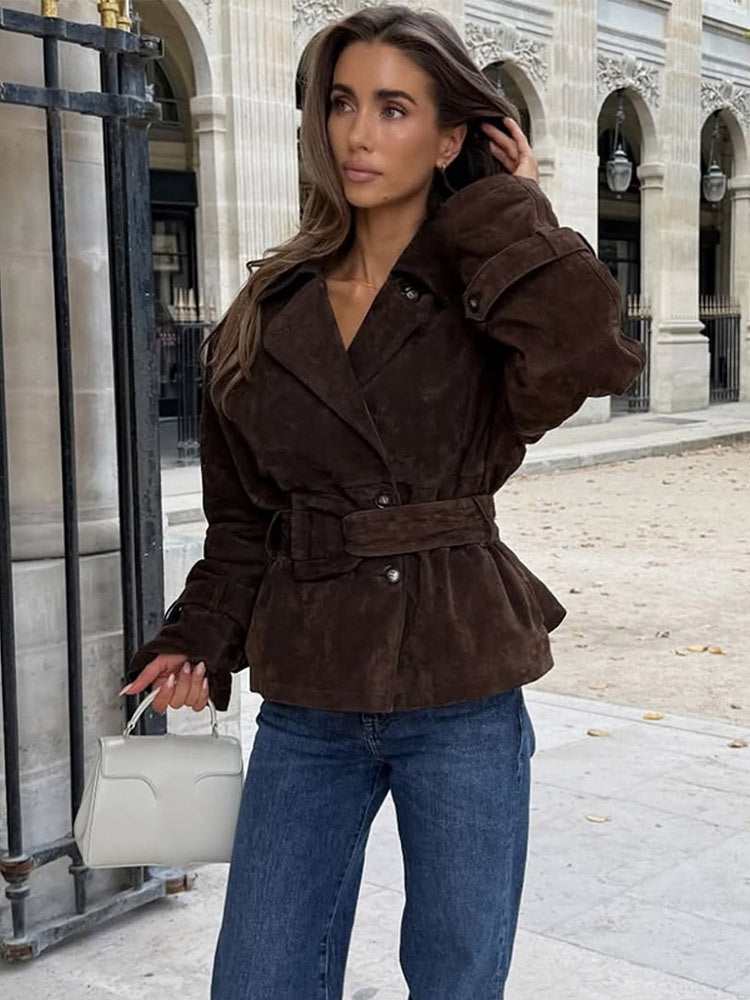 Trendy suede jacket for women with waist belt and voluminous sleeves Lune London