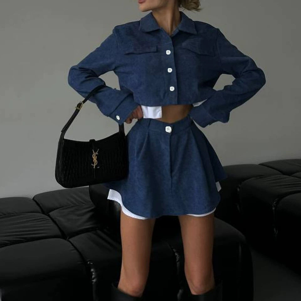Women's stylish corduroy suit set with short jacket and flared skirt