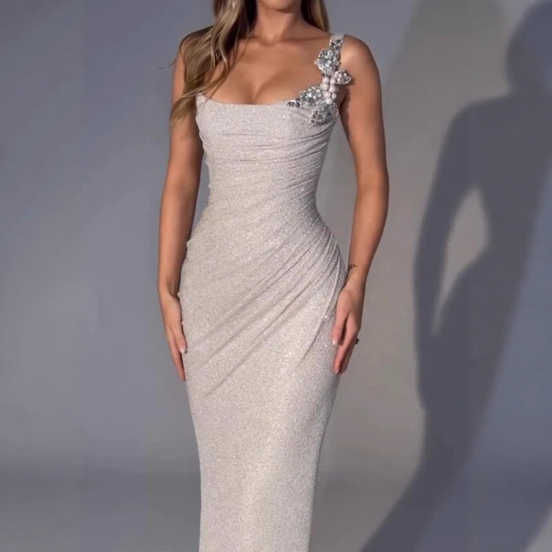 Women's Elegant Evening Dress with Shimmering Wrap Design and Floral Appliqués Lune London