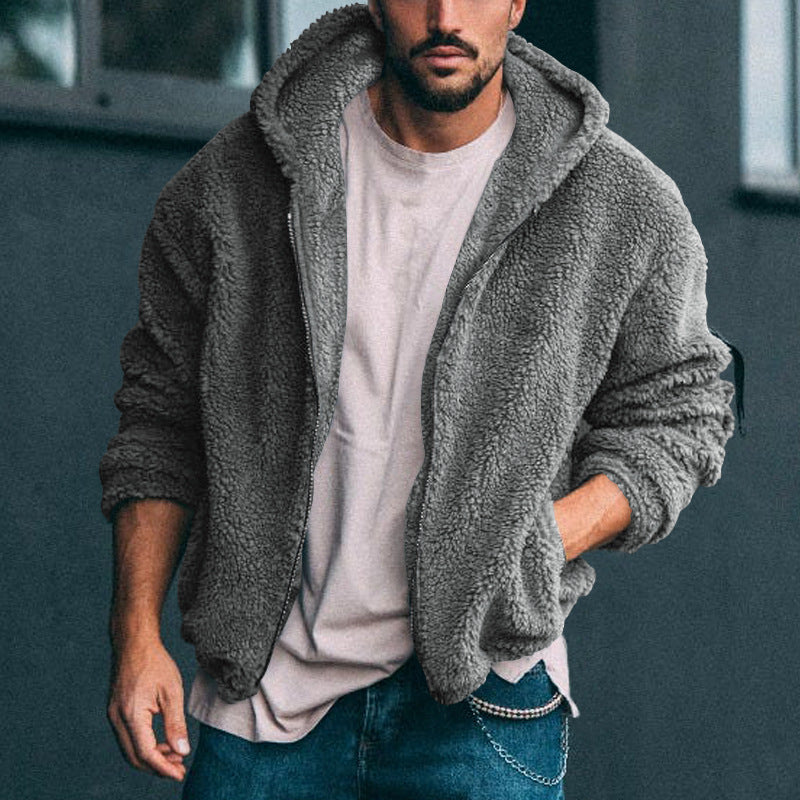Comfortable fleece jacket for men with large hood and zipper Lune London