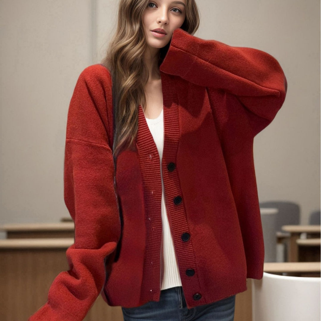 Ladies Chunky Knit Cardigan with oversized cut and decorative heart pattern Lune London
