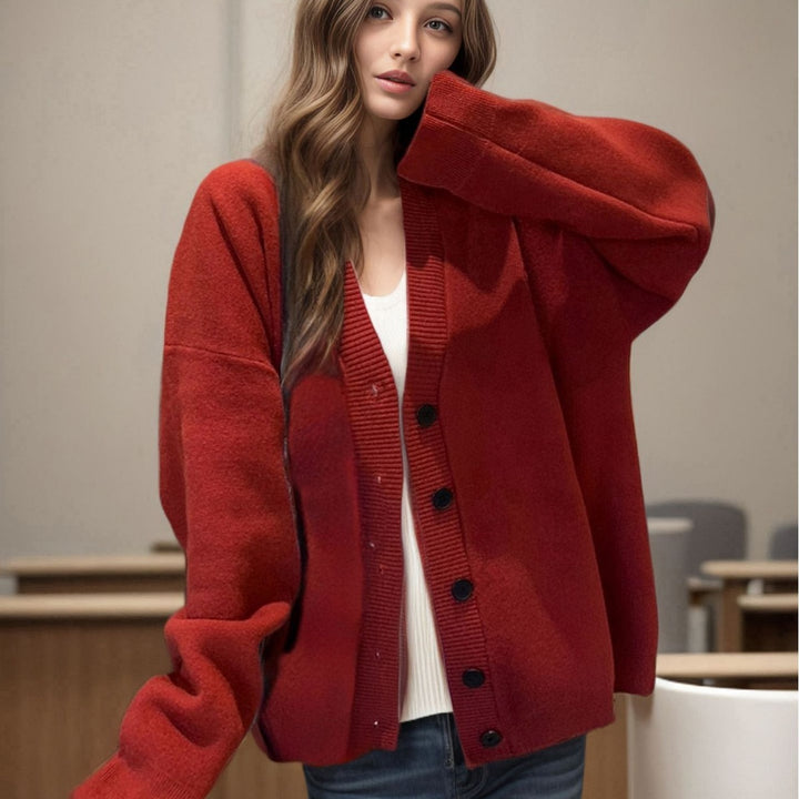 Ladies Chunky Knit Cardigan with oversized cut and decorative heart pattern Lune London