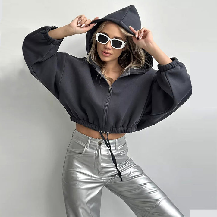 Ladies Cropped Hoodie made of soft sweat fabric with elastic waistband and zipper Chic & Stil