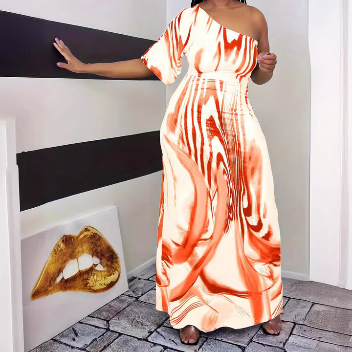 Maxi dress for women with asymmetrical cut and elegant pattern Lune London
