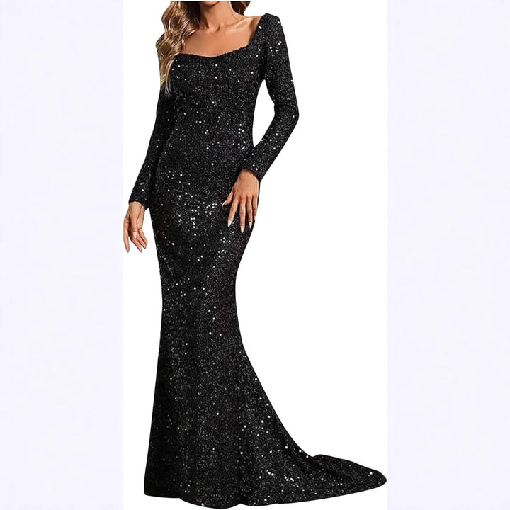 Ladies Glamorous Glitter Evening Dress with Swinging Skirt and Voluminous Sleeves Lune London