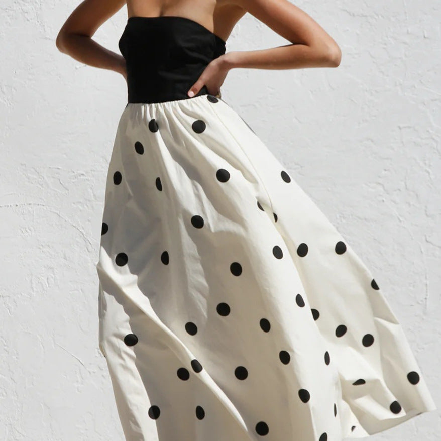 Maxi dress for women with strapless top and playful polka dot pattern Lune London