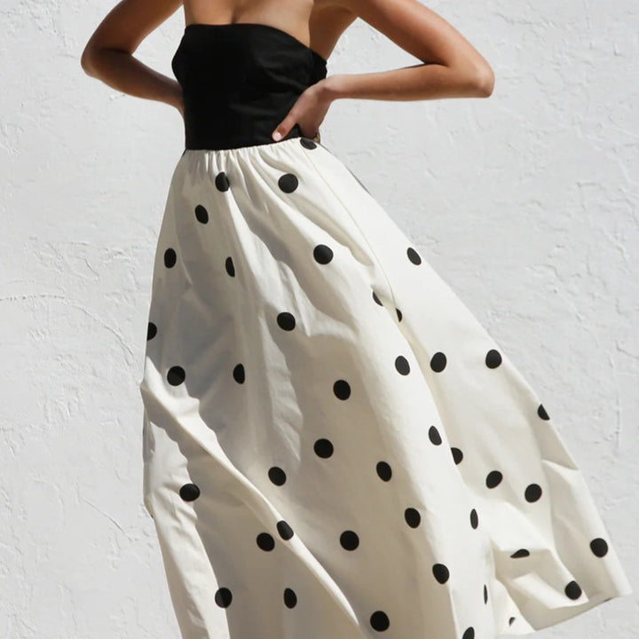 Maxi dress for women with strapless top and playful polka dot pattern Lune London