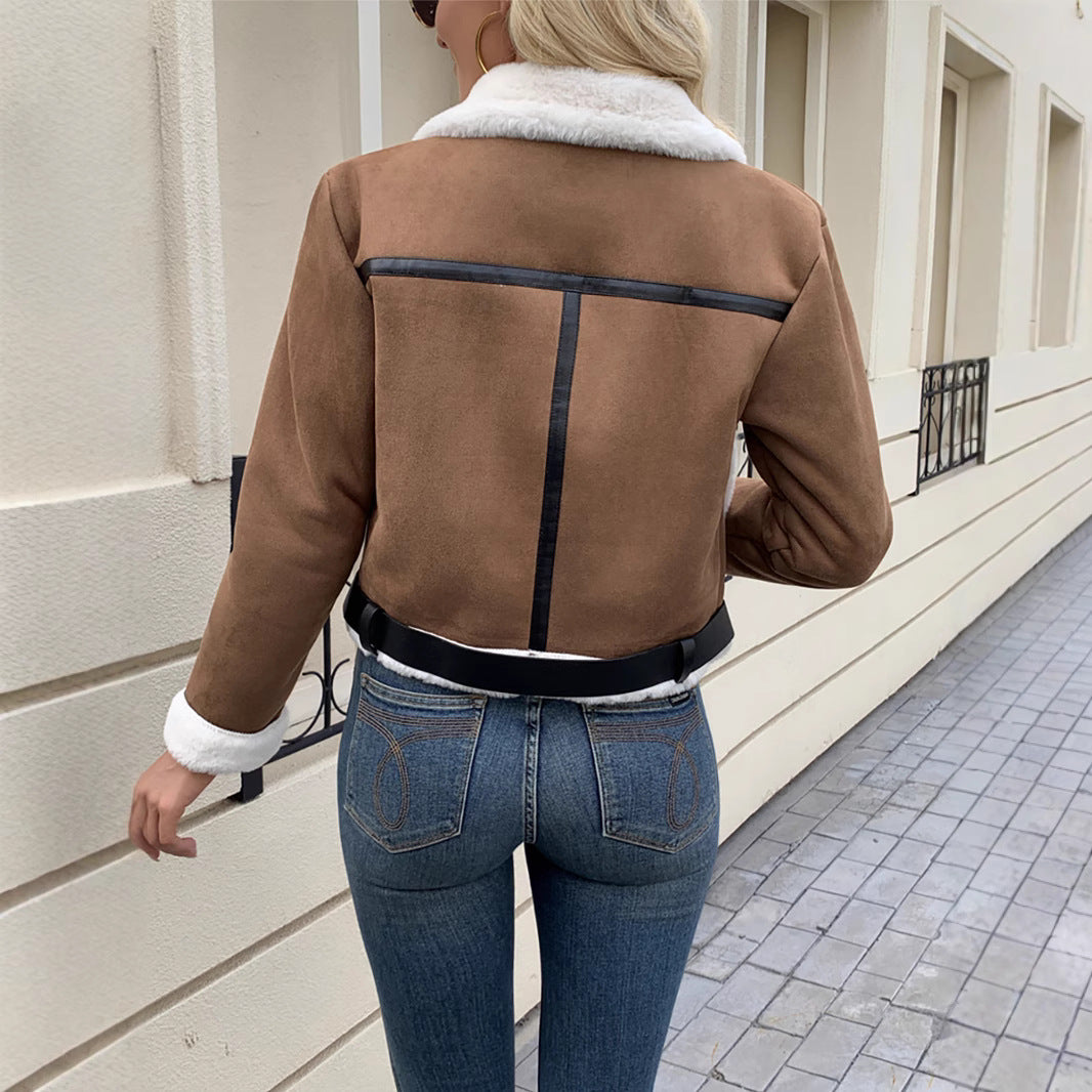 Trendy women's jacket with faux fur collar and final belt Lune London