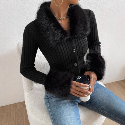 Trendy knitted sweater for women with a fluffy collar and chic and stylish sleeve finishes