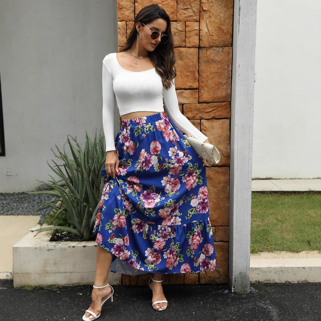 Maxi skirt for ladies with floral ruffle details and an elastic waistband Lune London
