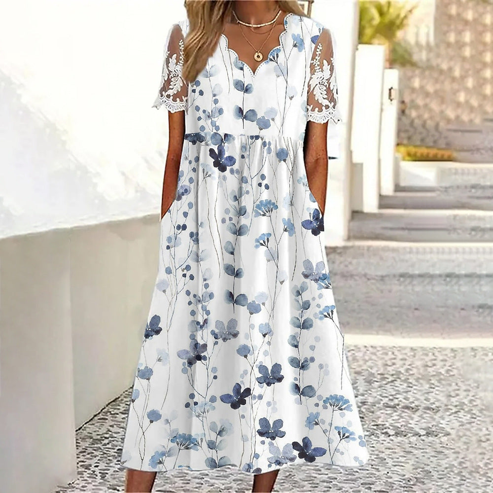 Midi dress for women with floral print and lace sleeves Lune London