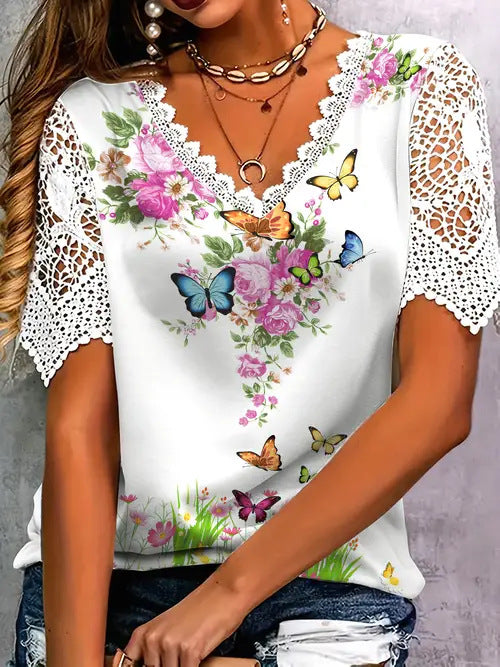 Women's blouse with floral lace and playful butterfly print Lune London